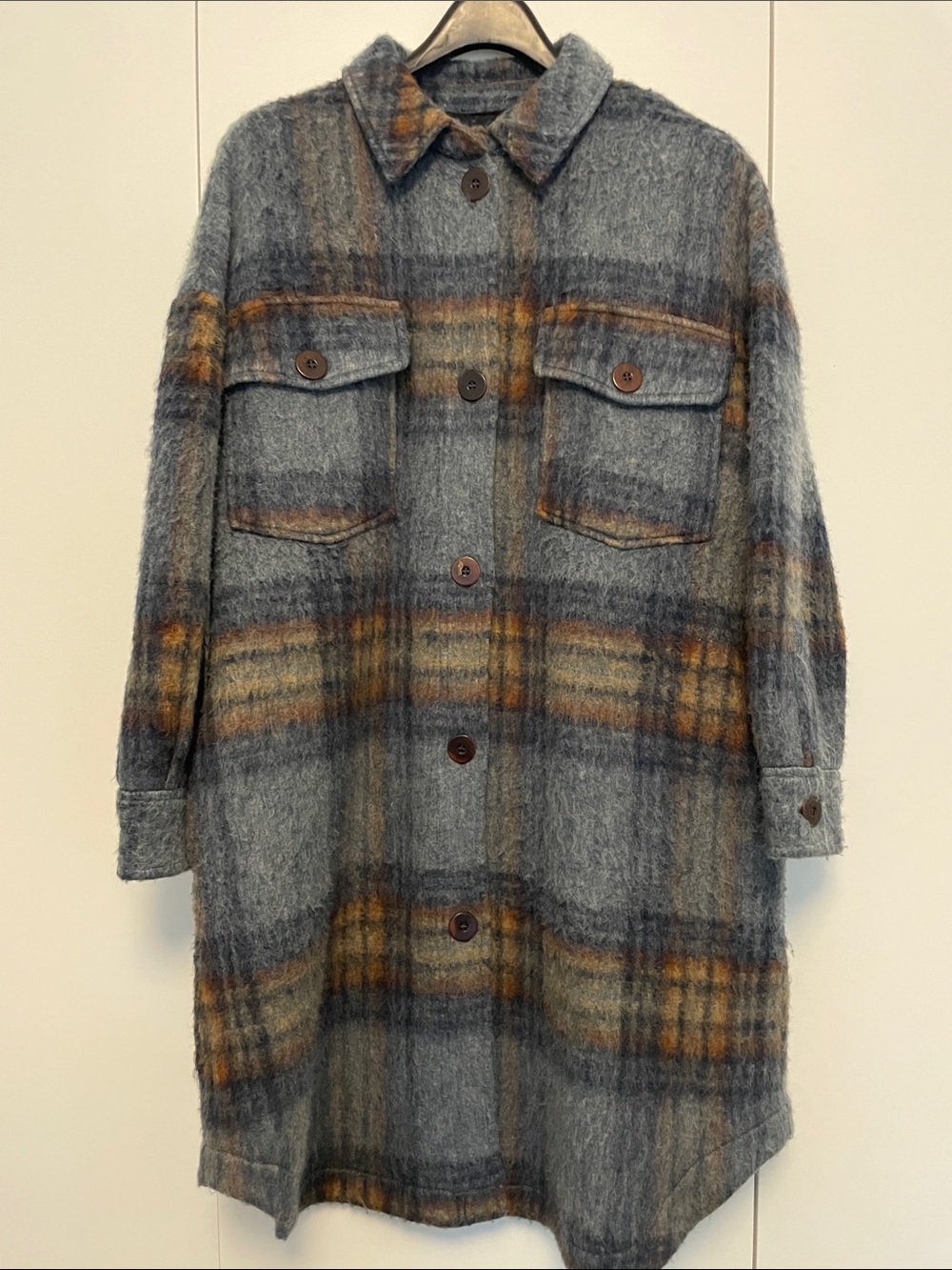 Zara Gray Plaid Button-Front Utility Shacket with Brown Accents